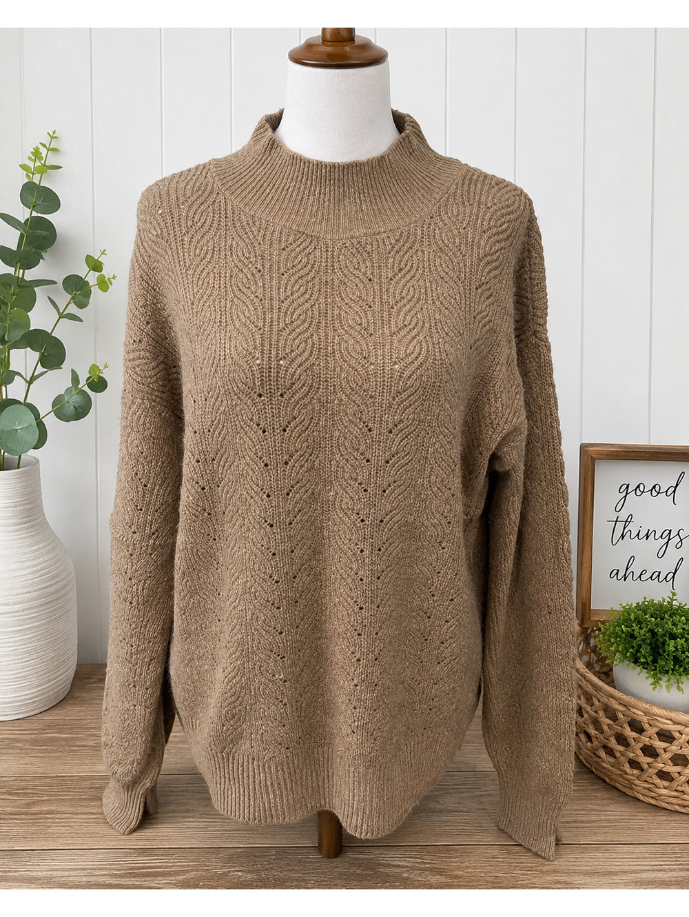 Size Large Evolution Taupe Cable Knit Mock Neck Sweater